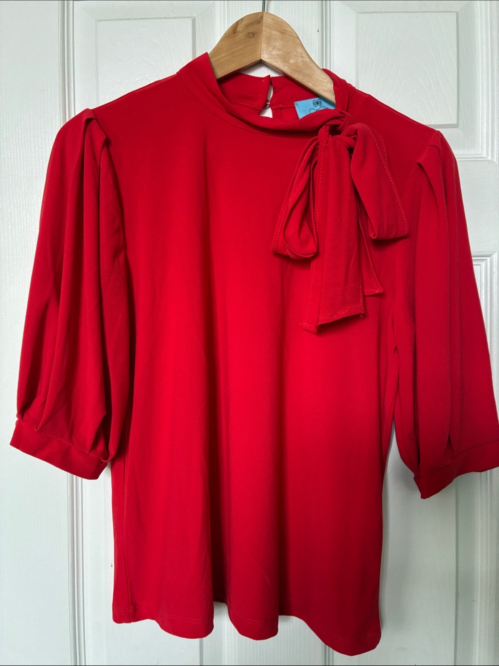 CeCe Vibrant Red Bow-Tie Puff Sleeve Blouse